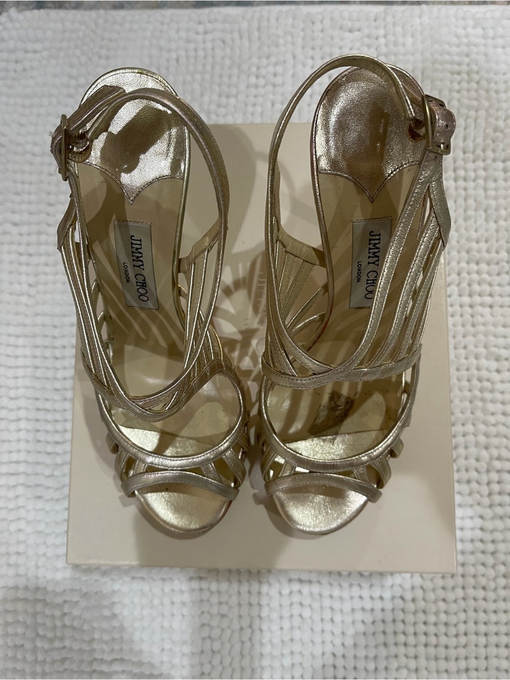 Jimmy Choo Metallic Champagne Strappy Slingback Heels - Picture 6 of 9